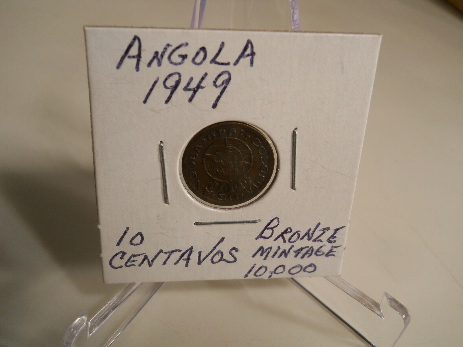 Angola 1949 - 10 Centavos Bronze Coin - 300th Ann. - Revolution Of 1648