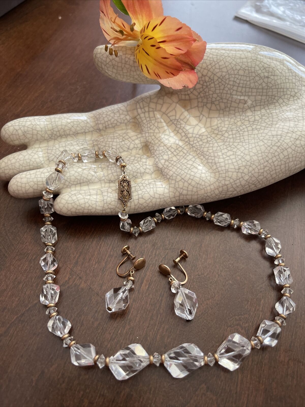 Vintage Victorian Gold Filled Earrings Necklace Set Polished Quartz Incredible