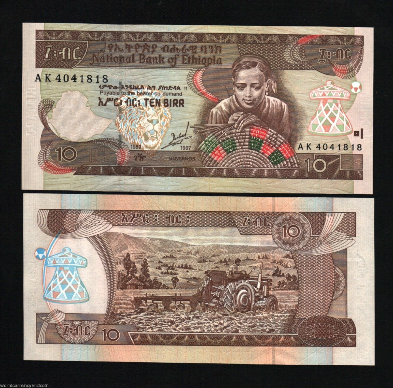 Ethiopia 10 Birr P48 A 1989-1997 Flag Map Unc Money Tractor Bill Africa Banknote