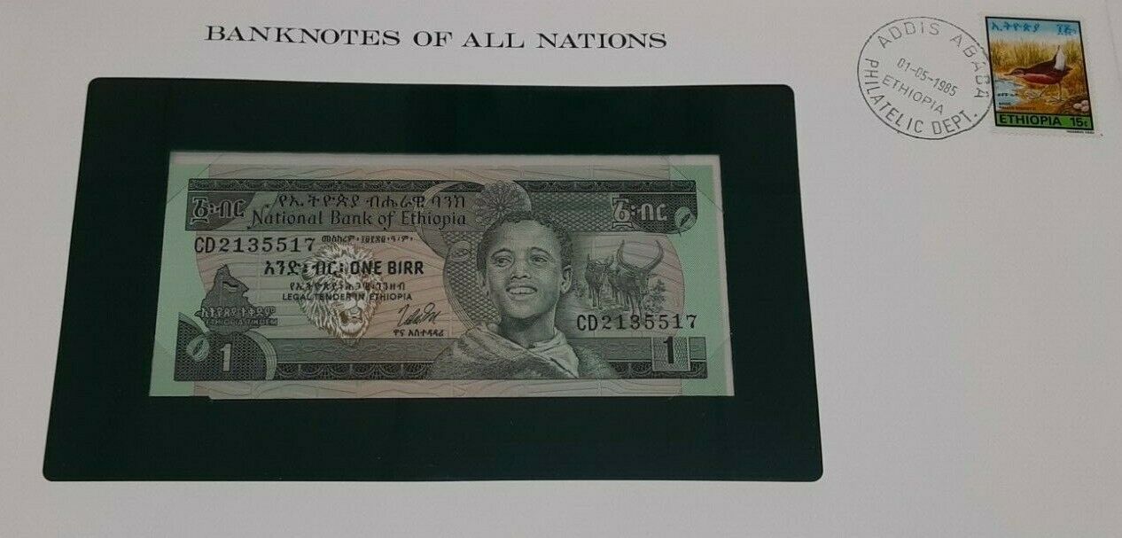 1985 Ethiopia 1 Birr Banknote Crisp Uncirculated In Stamped Envelope