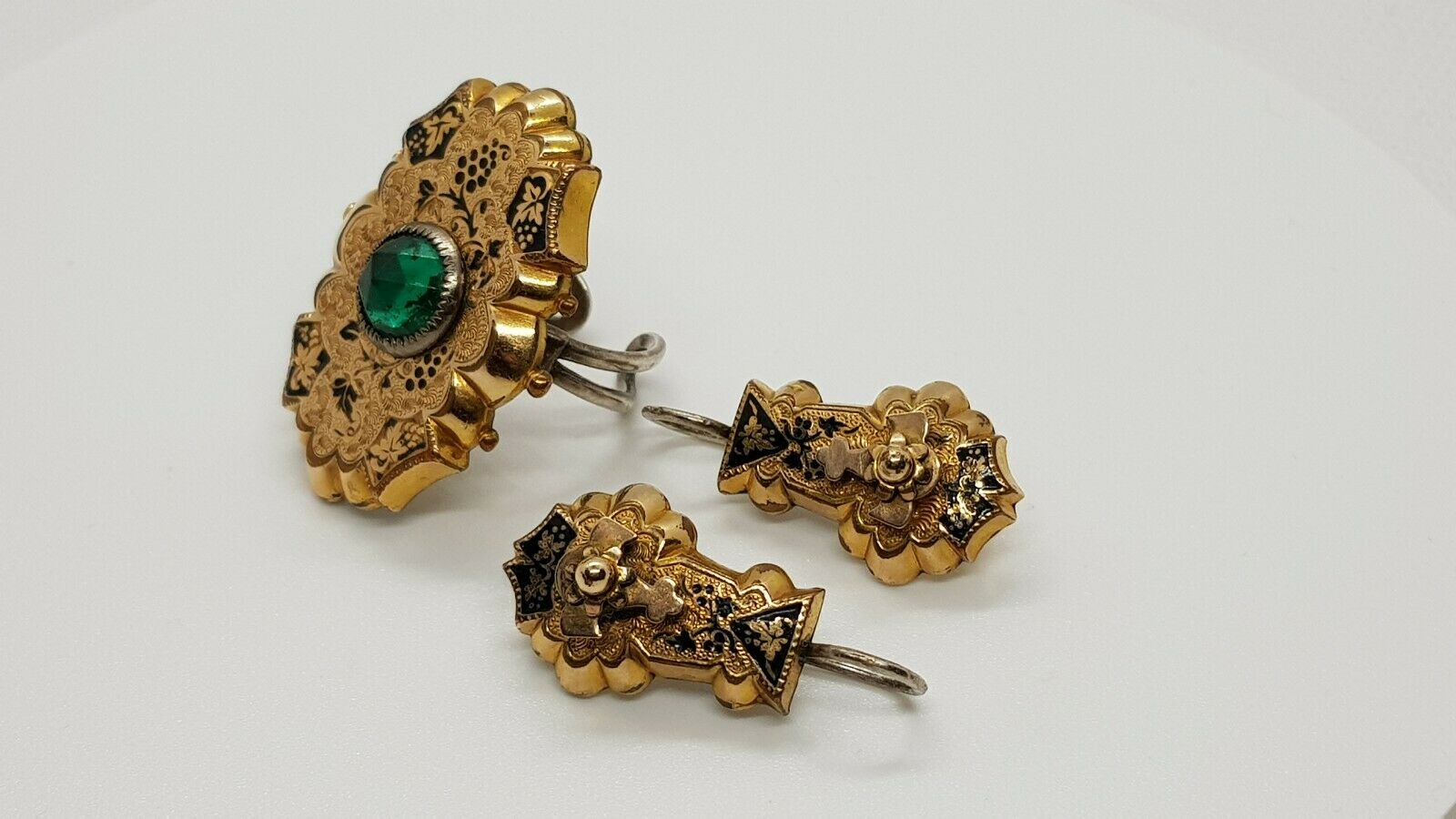 Antique Victorian Gold Filled Sterling Silver Enamel Grape Set : Earrings Ring