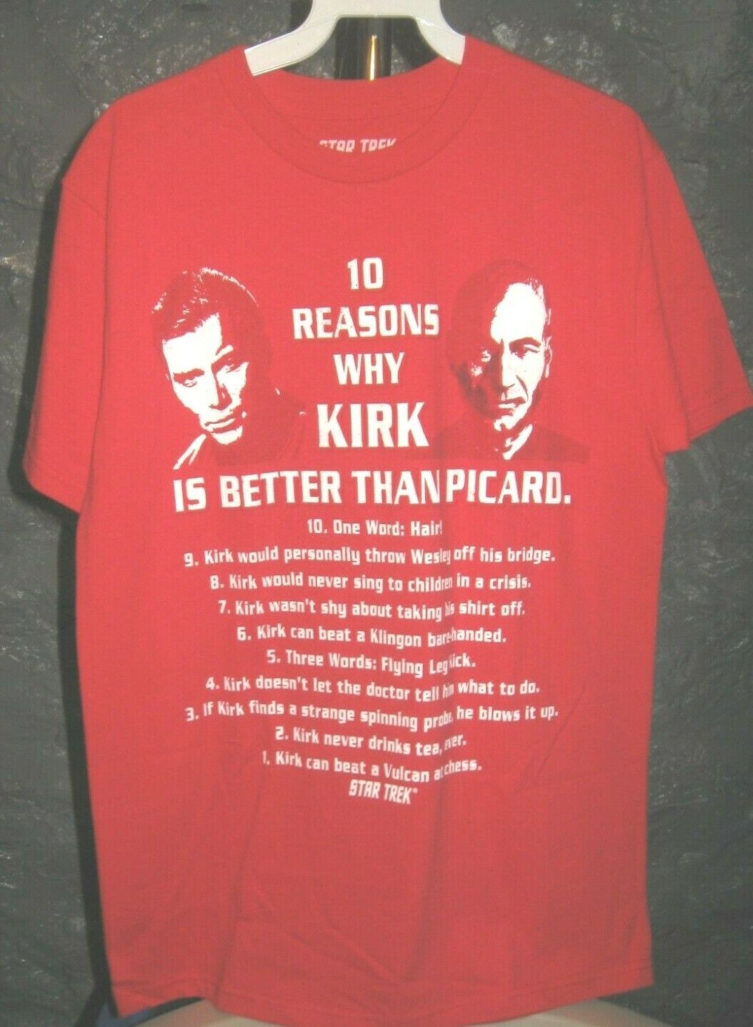Kirk & Picard Star Trek Red 10 Reasons Kirk Better Than Picard Medium T-shirt