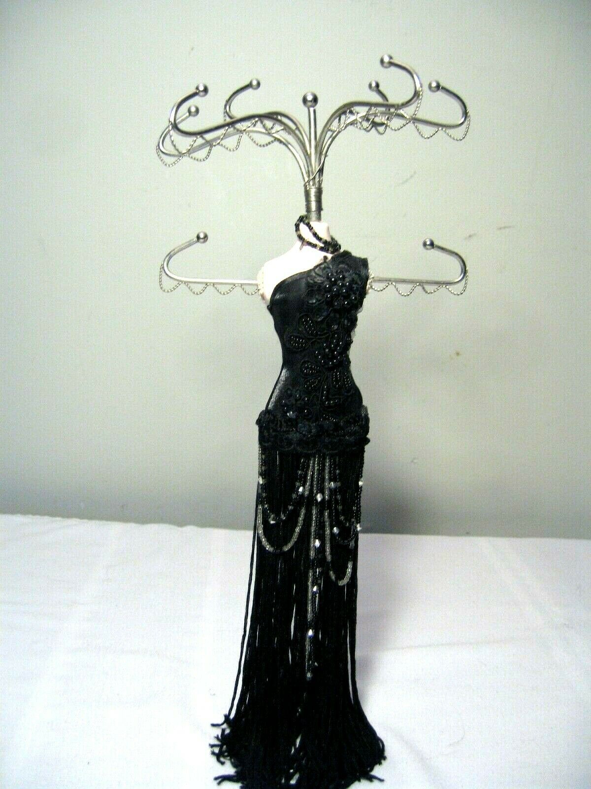 Doll Dress Jewelry Stand With Black Fringe And Beads