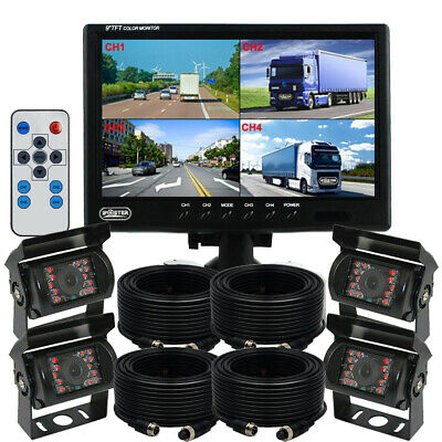 9" Quad Monitor Split Screen 4ch 4pin Ccd Rear View Backup Camera 12/24v Truck