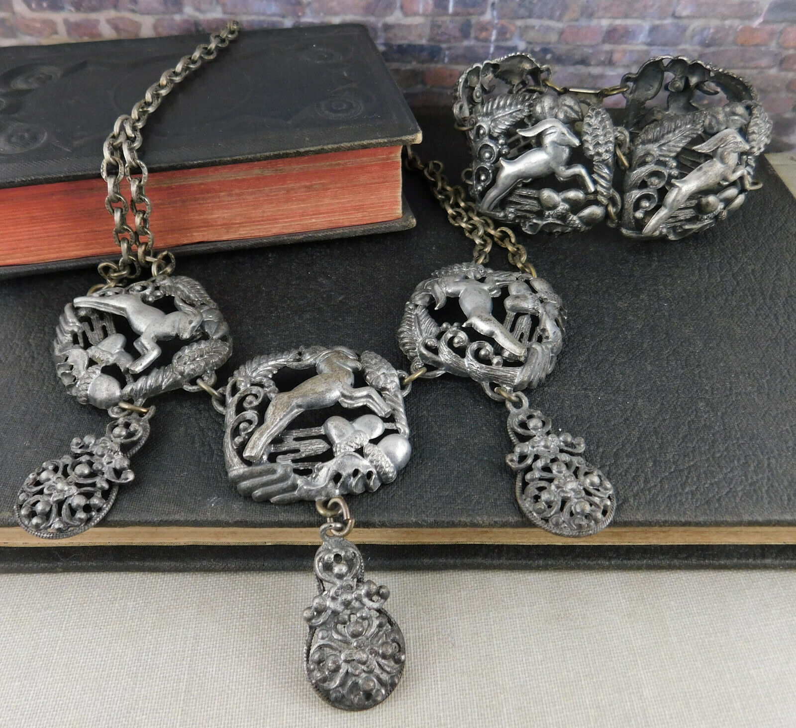Vintage / Antique Jumping Goat Ram Panel Bracelet & Necklace Set