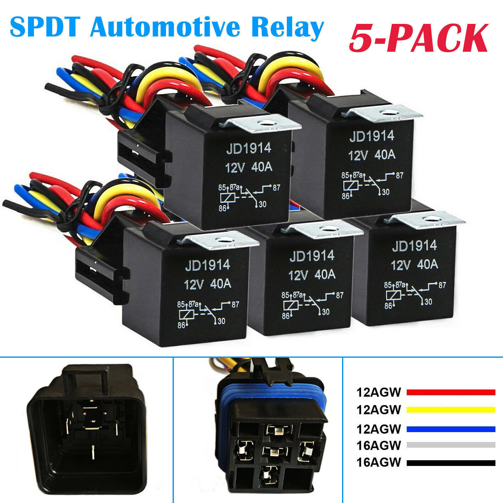 5pin Automotive Car Relay Switch Spdt Harness Socket Waterproof 40a Dc 12v 12awg