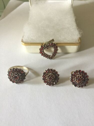 Antique Bohemian Red Garnet Ring Sz7, Earrings & Pendant Stunning!